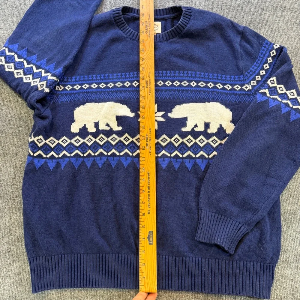 St Johns Bay Mens Navy Blue Polar Bear Fair Isle Cotton Crewneck Sweater XL